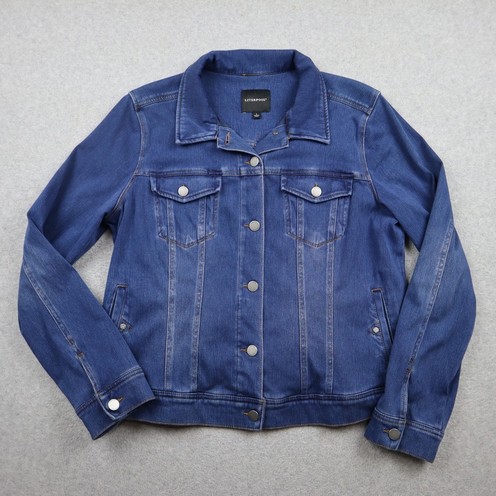 Liverpool Jacket Womens Large Trucker Blue Stretch Denim Button Front Classic